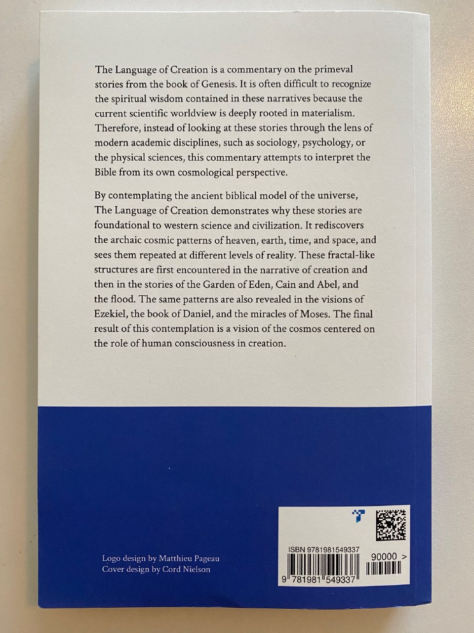 Back cover of Drew's copy of The Language of Creation