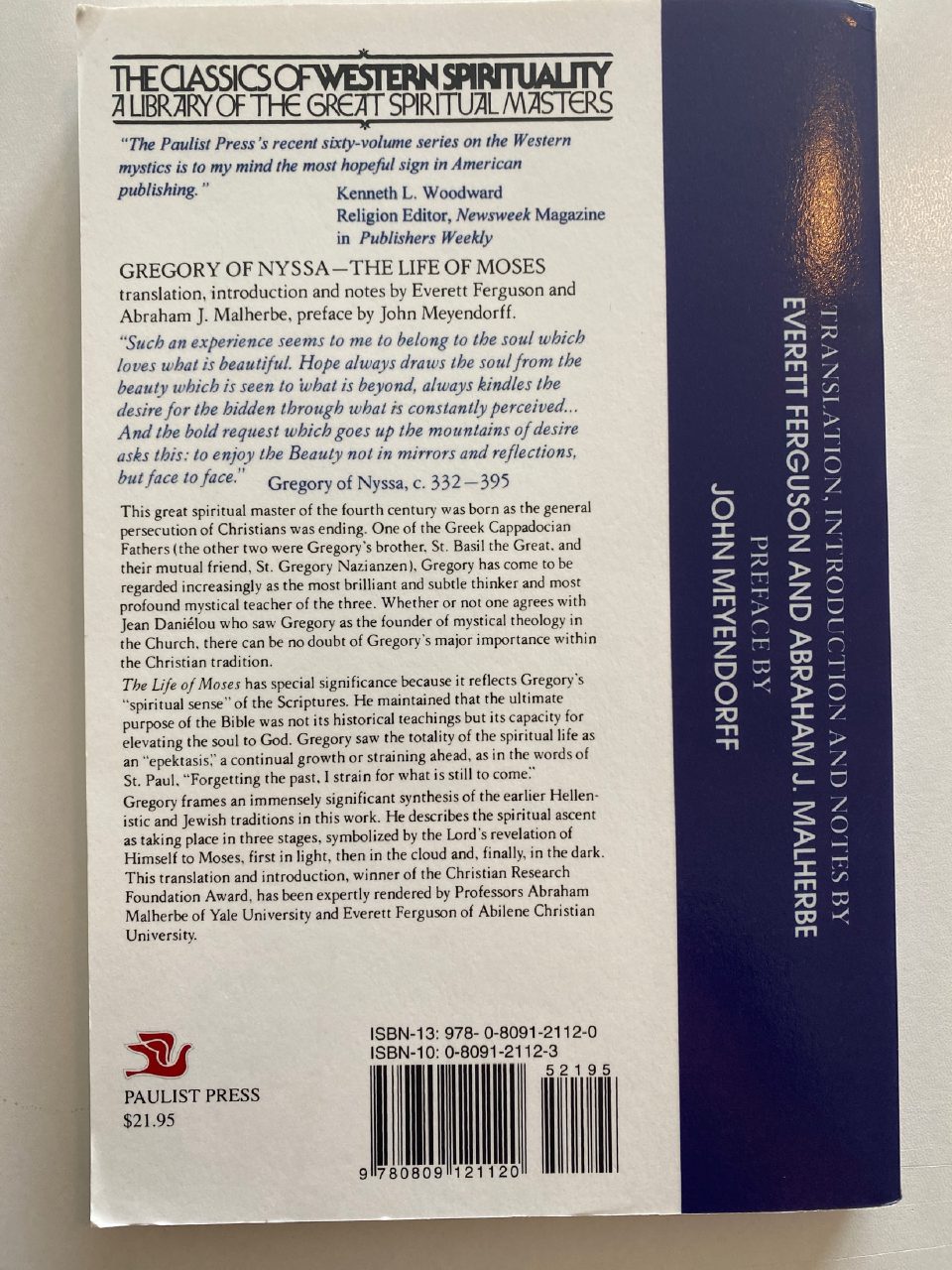 Back cover of Drew's copy of The Life of Moses