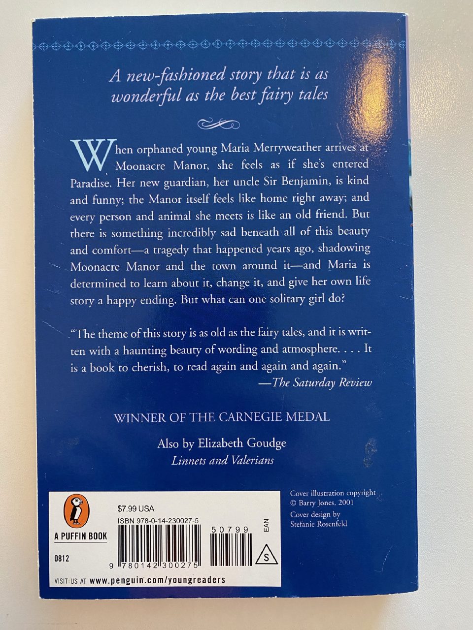 Back cover of Drew's copy of The Little White Horse