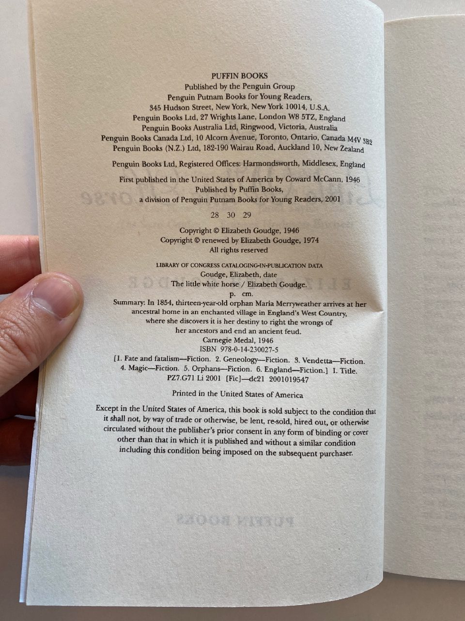 Interior or edition detail of Drew's copy of The Little White Horse