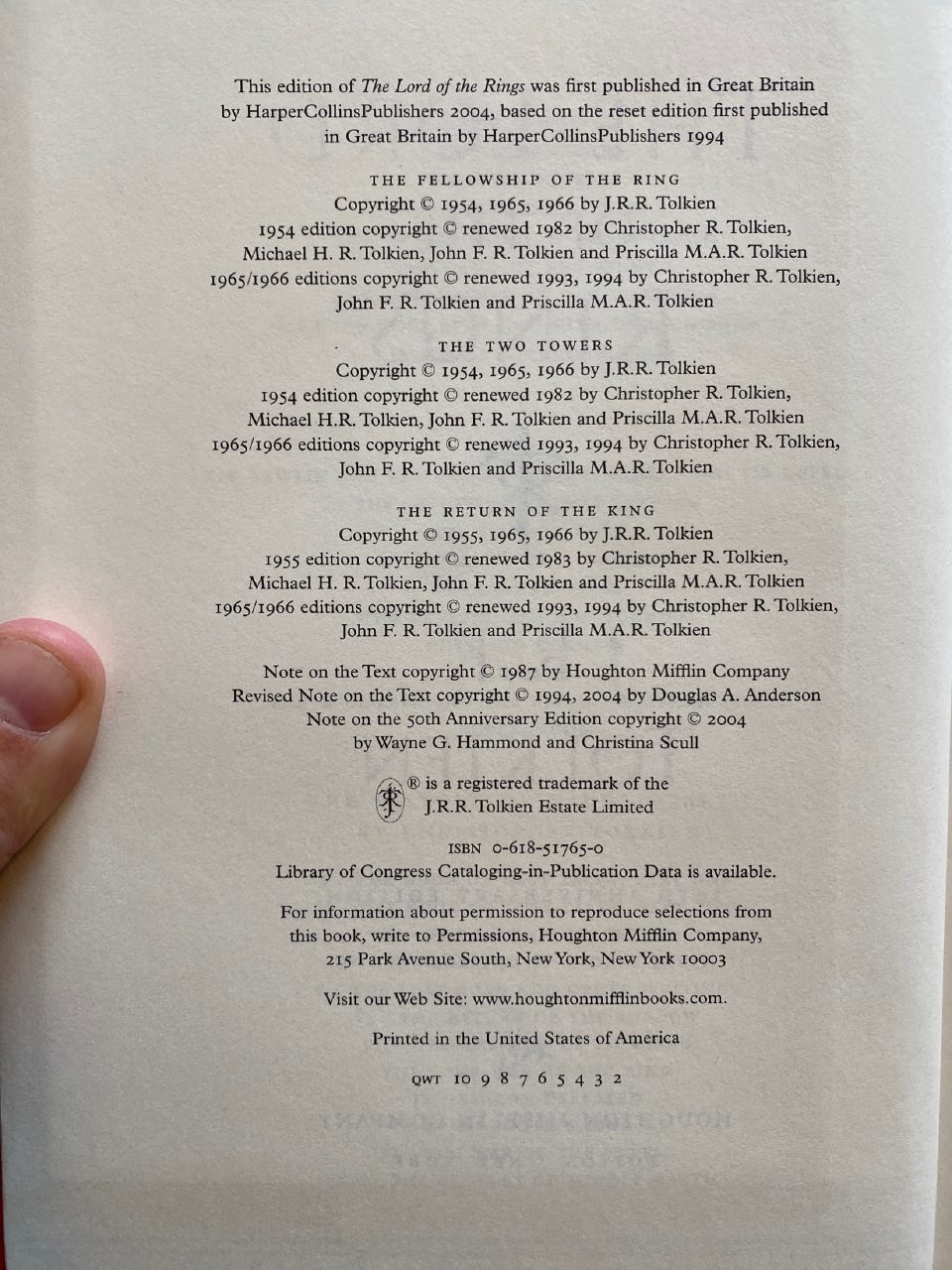 Physical detail of Drew's copy of The Lord of the Rings: 50th Anniversary Edition
