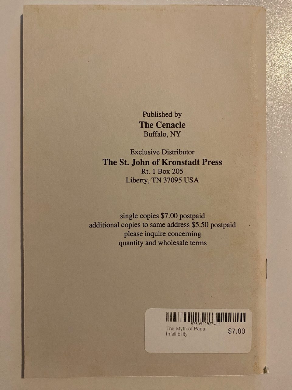 Back cover of Drew's copy of The Myth of Papal Infallibility