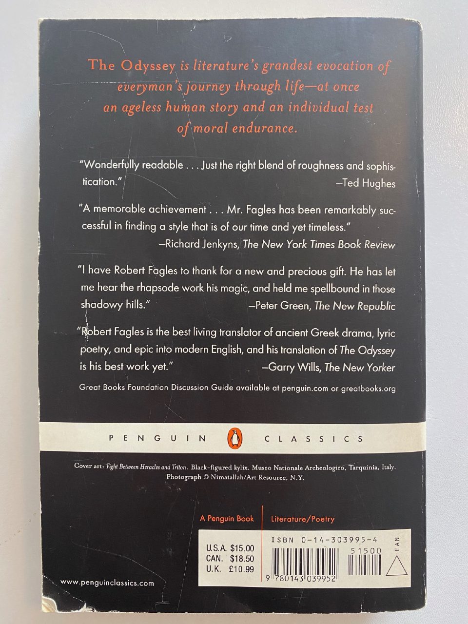 Back cover of Drew's copy of The Odyssey