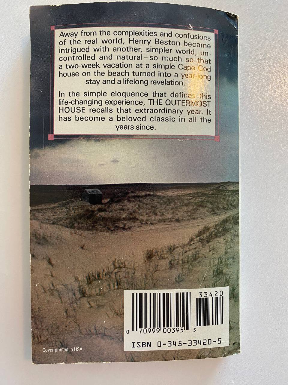 Back cover of Drew's copy of The Outermost House