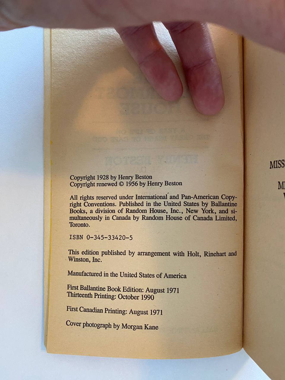 Copyright page of Drew's copy of The Outermost House