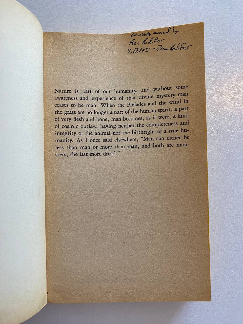 Epigraph and ownership inscription of Drew's copy of The Outermost House