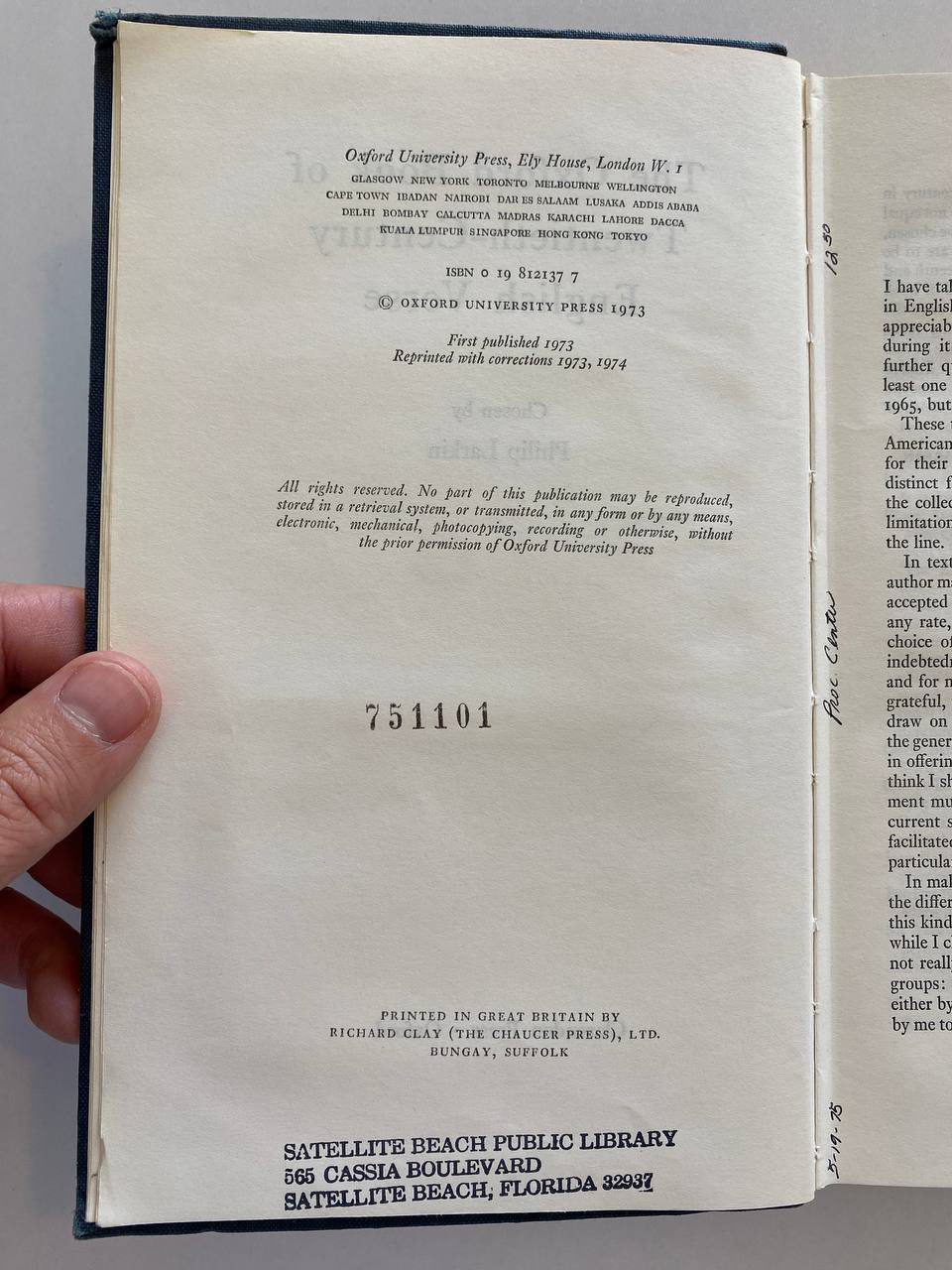 Copyright page of Drew's copy of The Oxford Book of Twentieth-Century English Verse