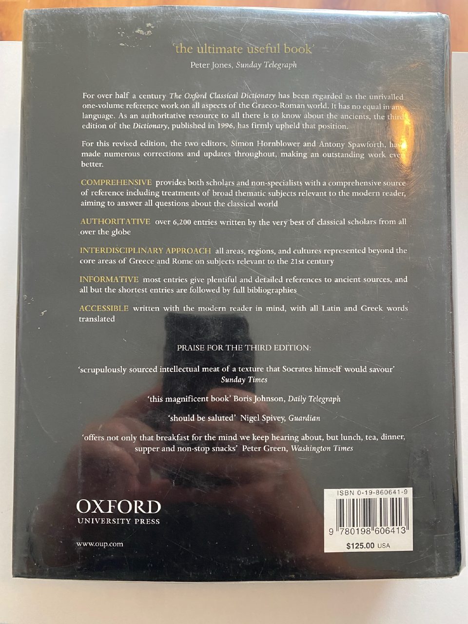Back cover of Drew's copy of The Oxford Classical Dictionary