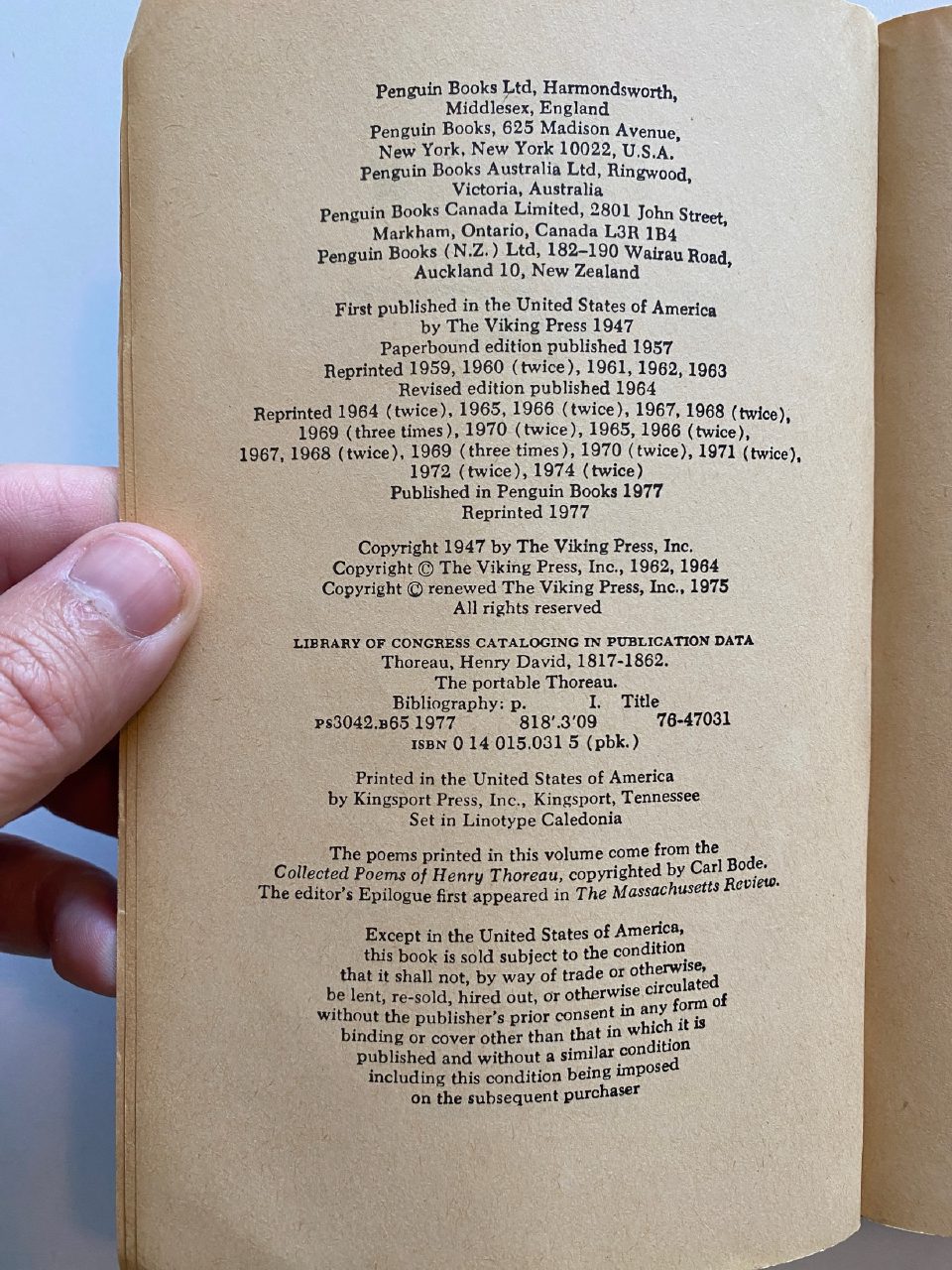 Physical detail of Drew's copy of The Portable Thoreau