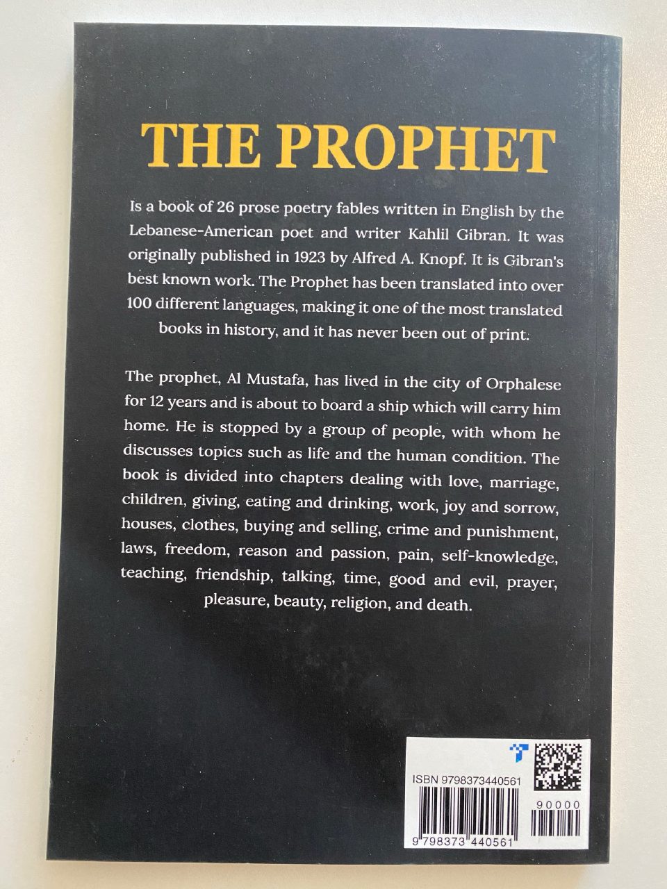 Back cover of Drew's copy of The Prophet