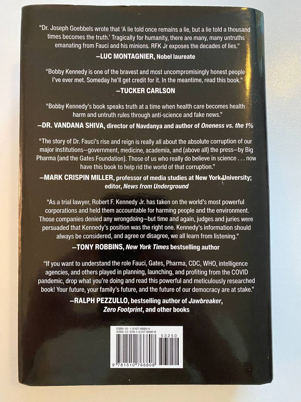Back cover of Drew's copy of The Real Anthony Fauci