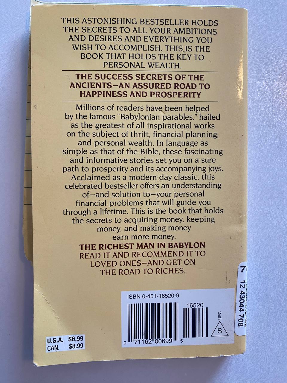 Back cover of Drew's copy of The Richest Man in Babylon