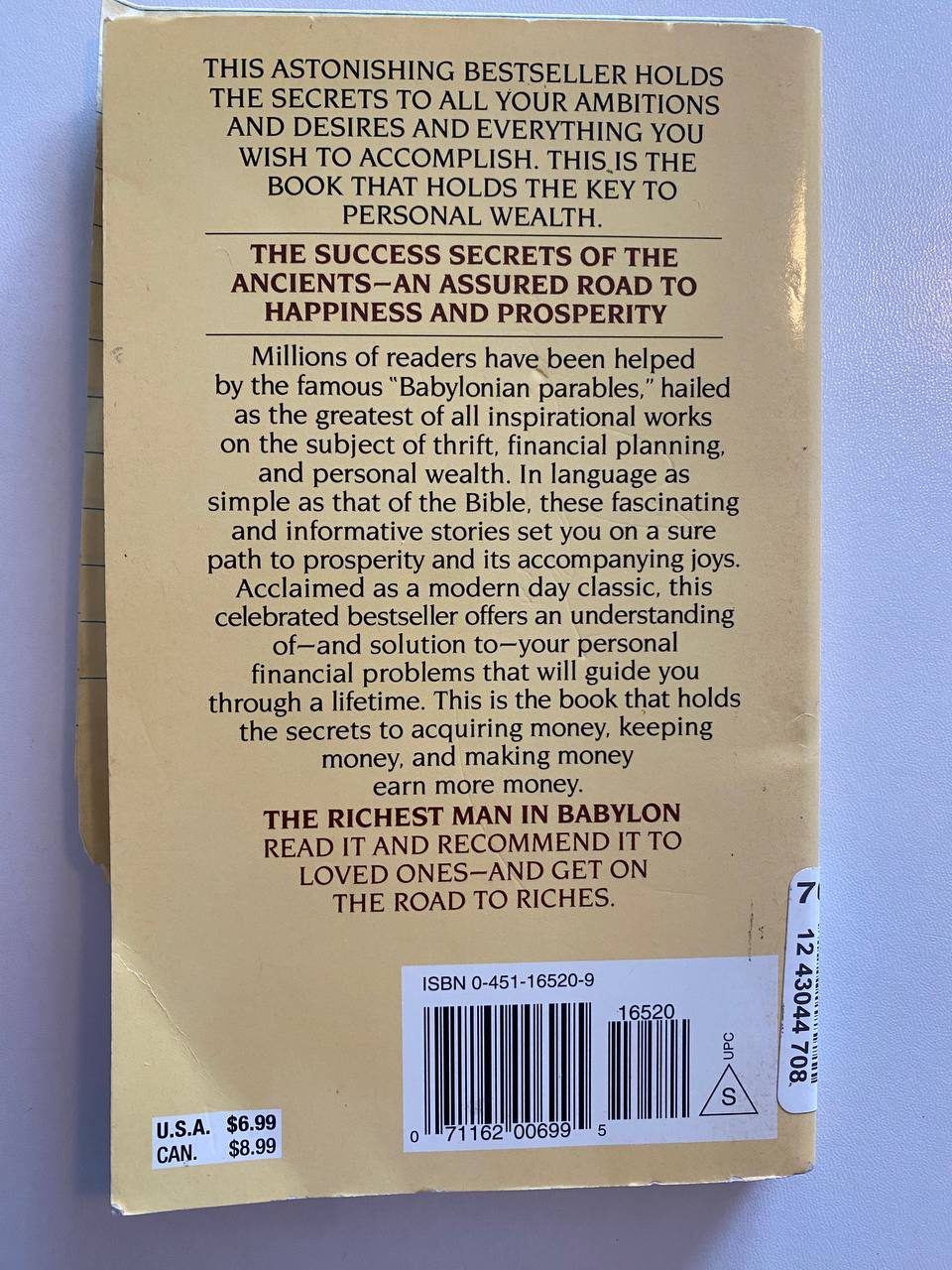 Back cover of Drew's copy of The Richest Man in Babylon