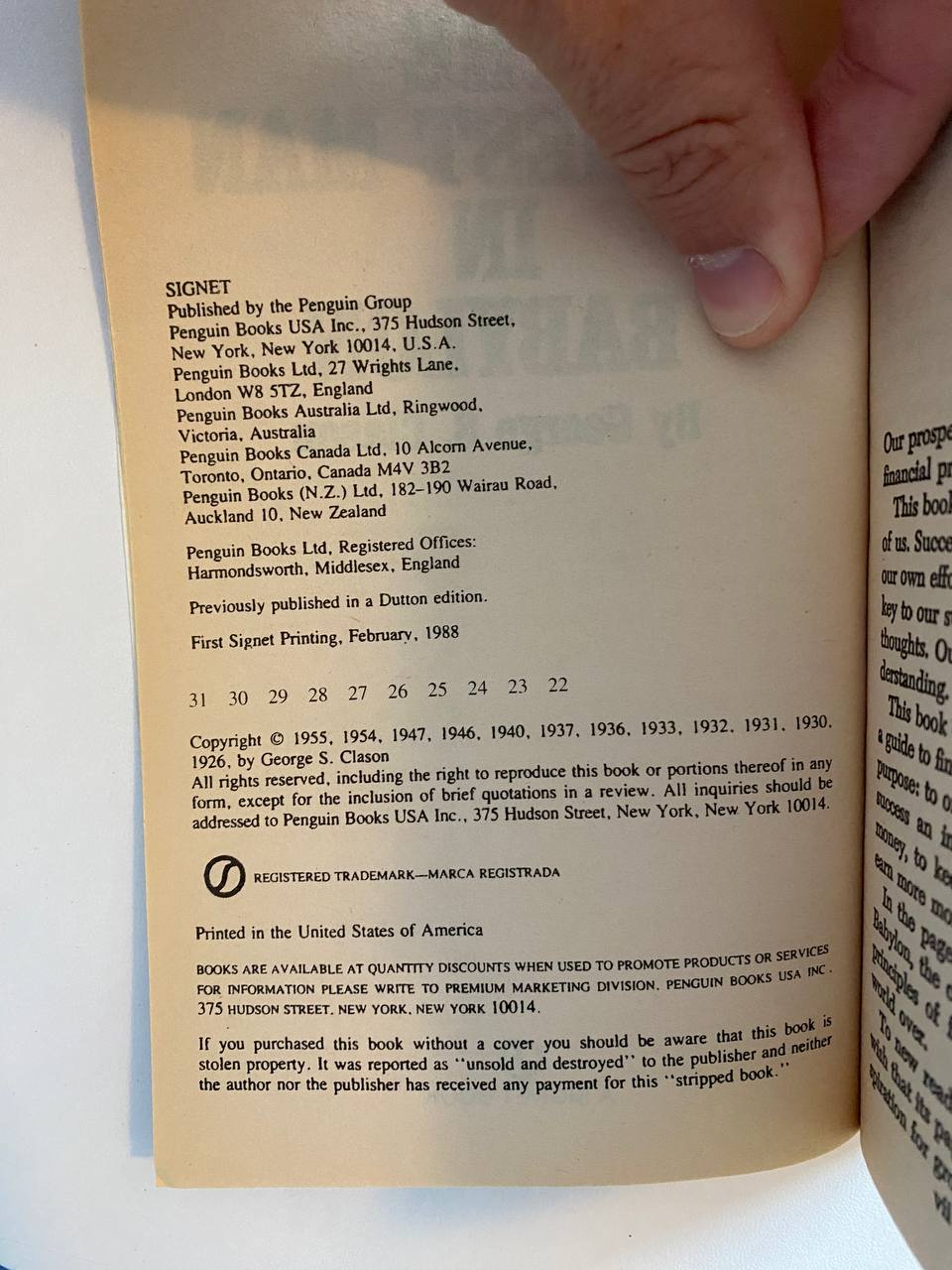 Copyright page of Drew's copy of The Richest Man in Babylon