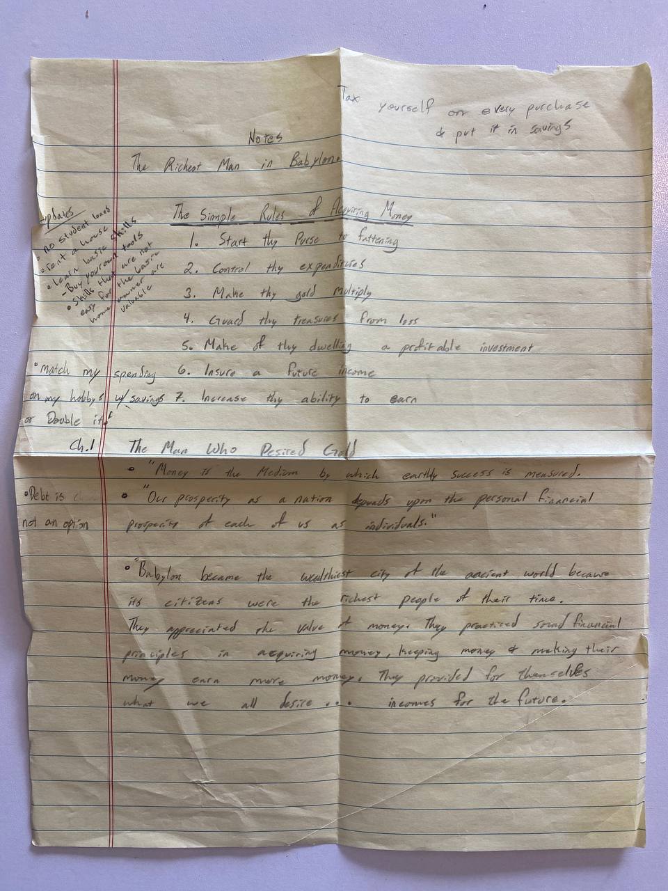 Handwritten reading notes of Drew's copy of The Richest Man in Babylon