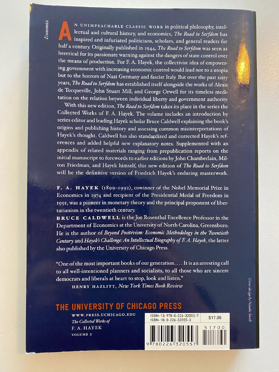 Back cover of Drew's copy of The Road to Serfdom