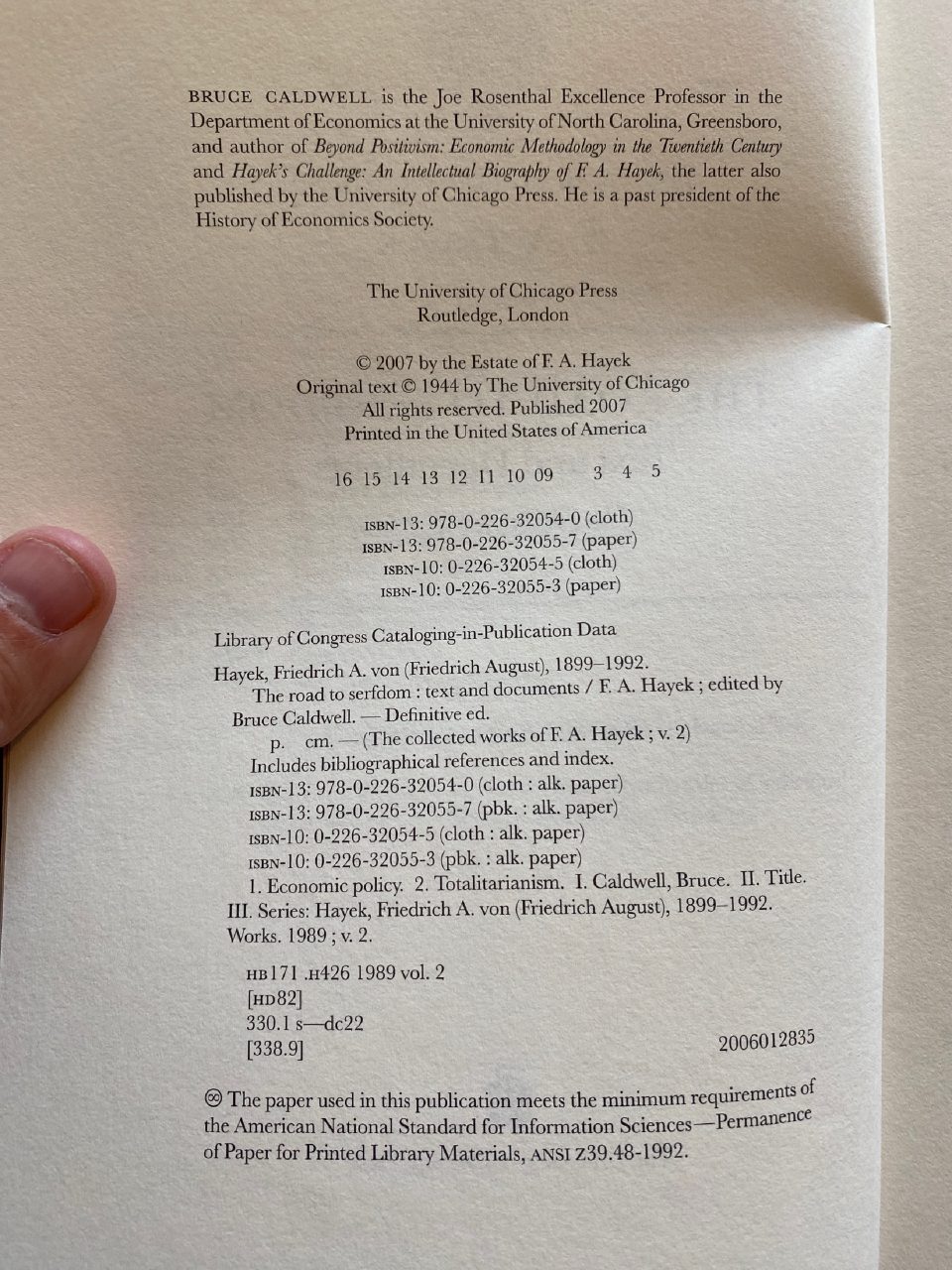 Physical detail of Drew's copy of The Road to Serfdom