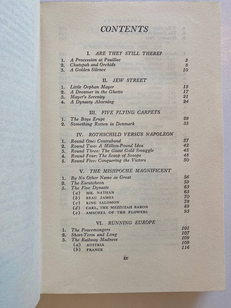 Contents, first page of Drew's copy of The Rothschilds