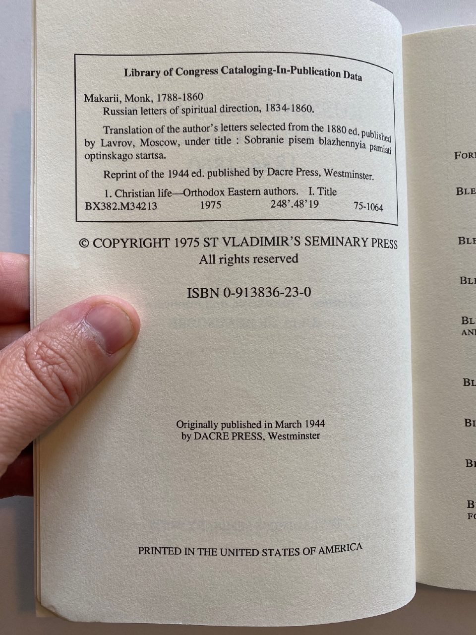 Physical detail of Drew's copy of The Russian Letters of Spiritual Direction 1834-1860