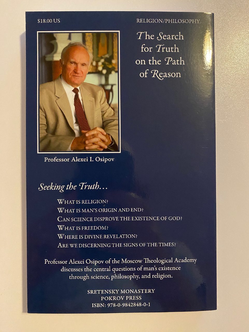 Back cover of Drew's copy of The Search for Truth on the Path of Reason