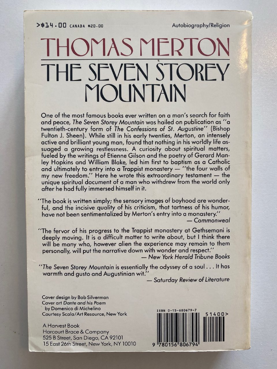 Back cover of Drew's copy of The Seven Storey Mountain
