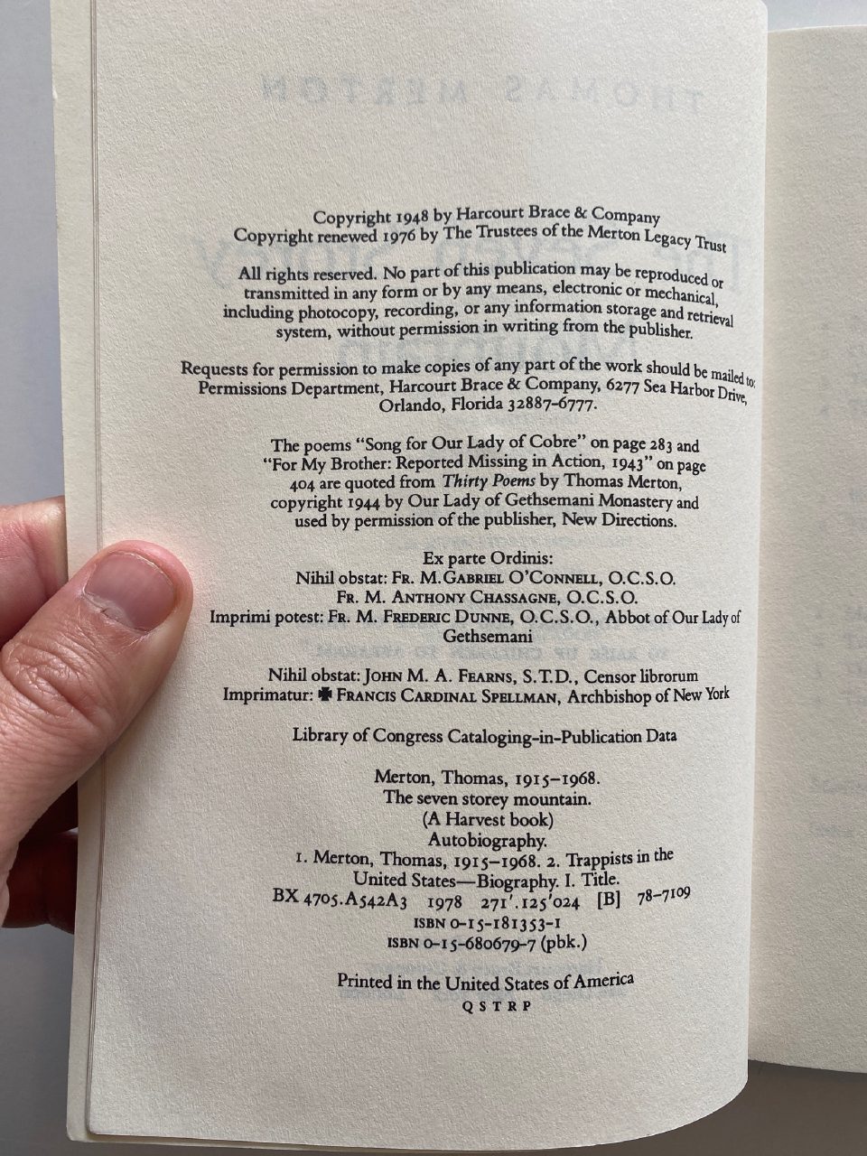 Physical detail of Drew's copy of The Seven Storey Mountain