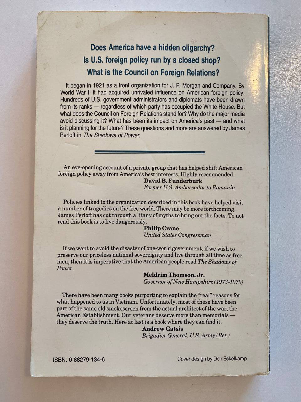 Back cover of Drew's copy of The Shadows of Power