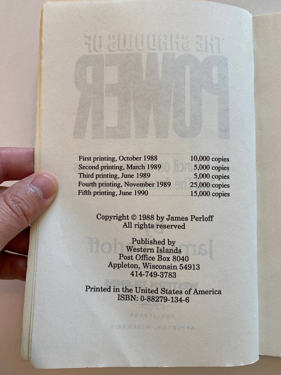 Physical detail of Drew's copy of The Shadows of Power