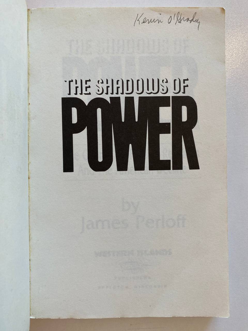 Physical detail of Drew's copy of The Shadows of Power