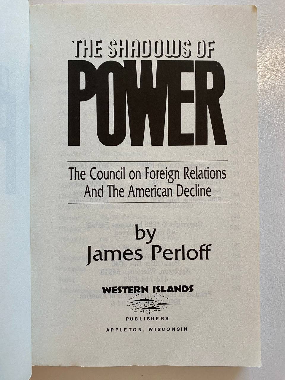 Physical detail of Drew's copy of The Shadows of Power