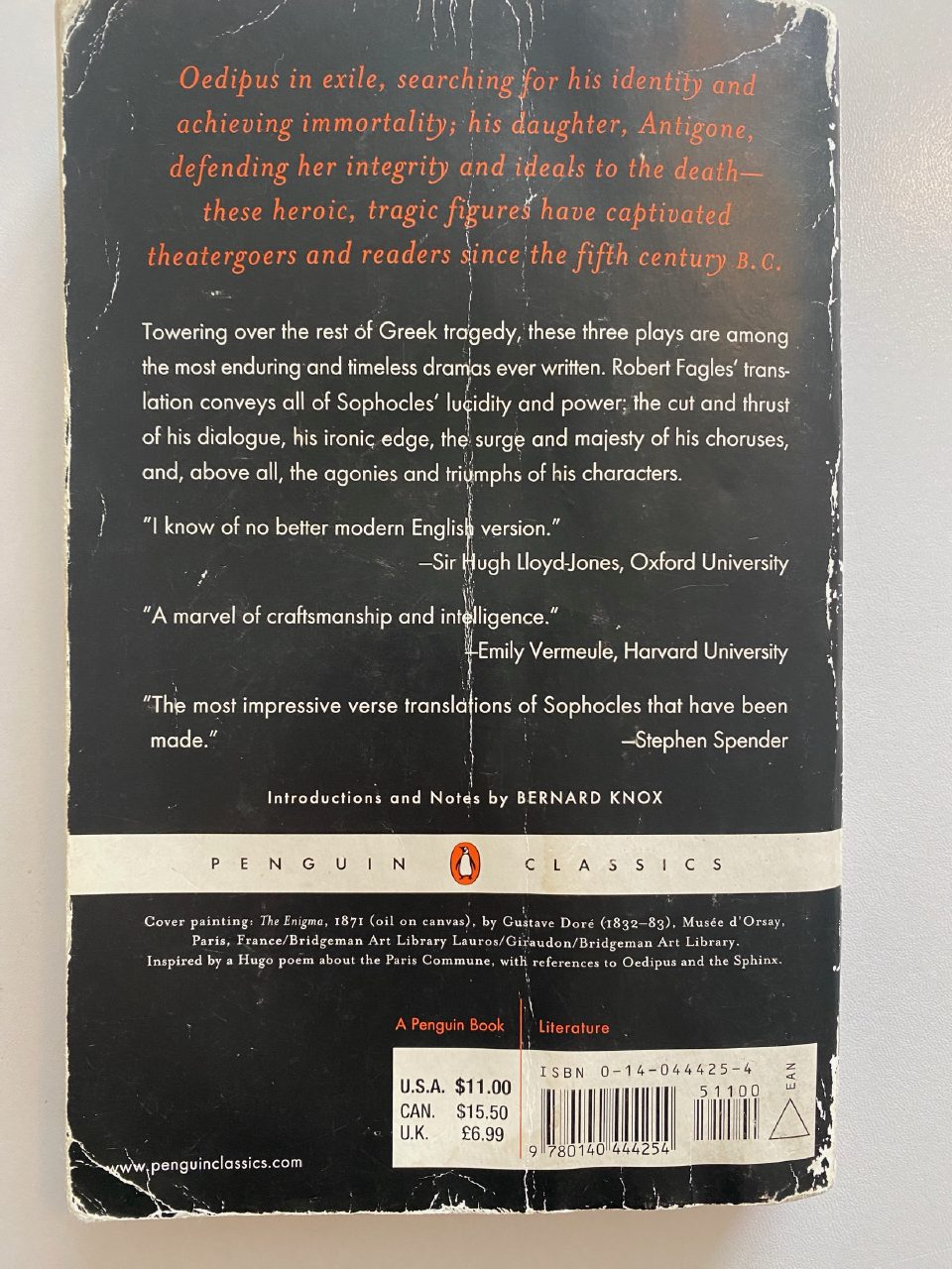 Back cover of Drew's copy of The Three Theban Plays