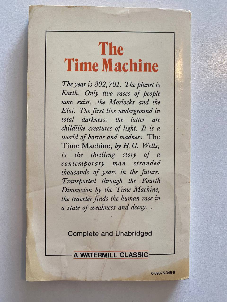 Back cover of Drew's copy of The Time Machine