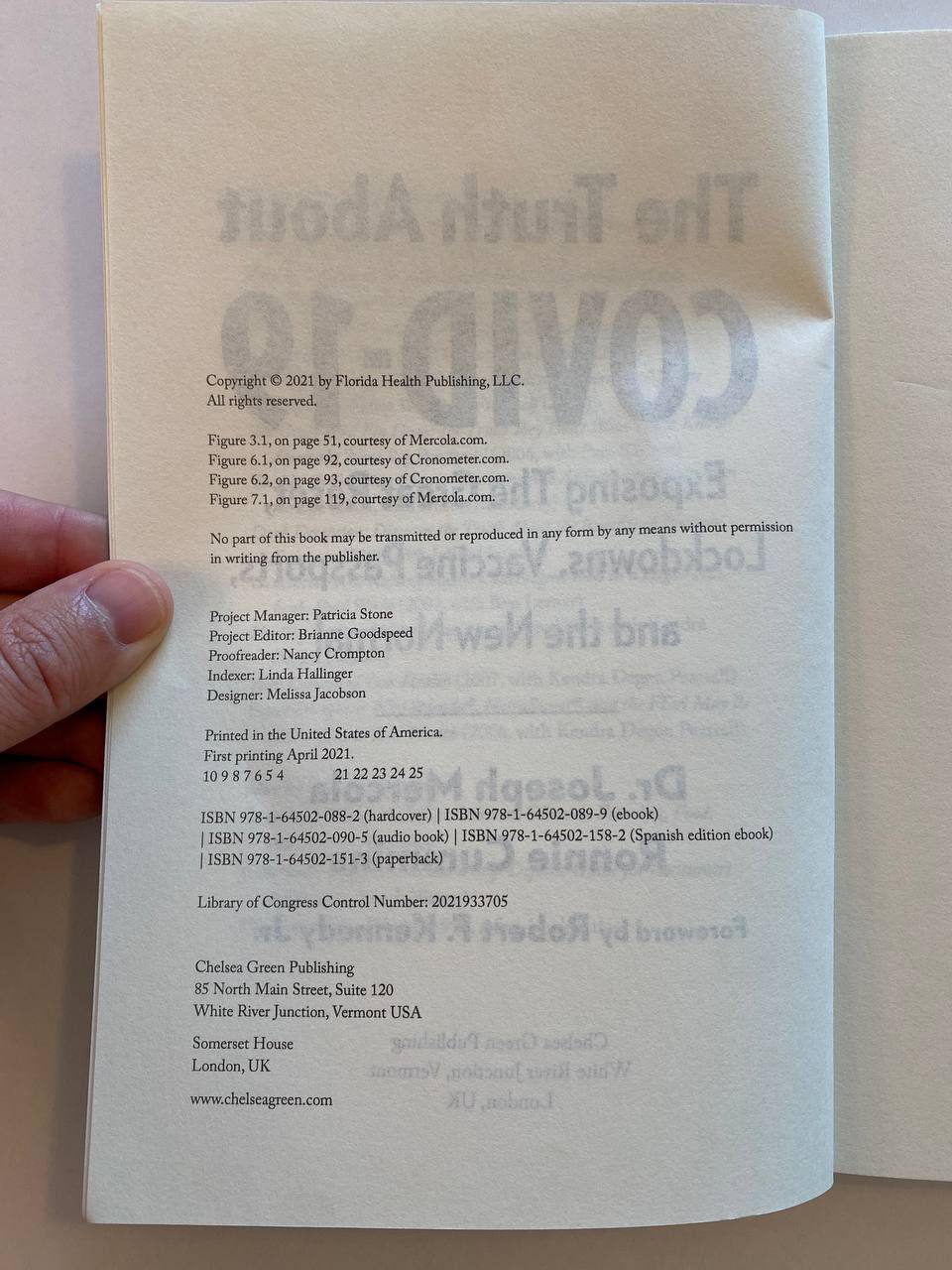 Copyright page of Drew's copy of The Truth About COVID-19