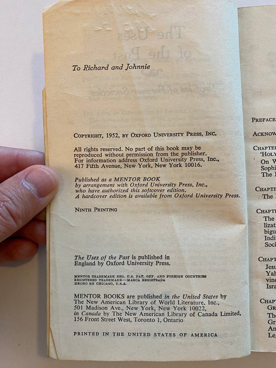 Copyright page of Drew's copy of The Uses of the Past