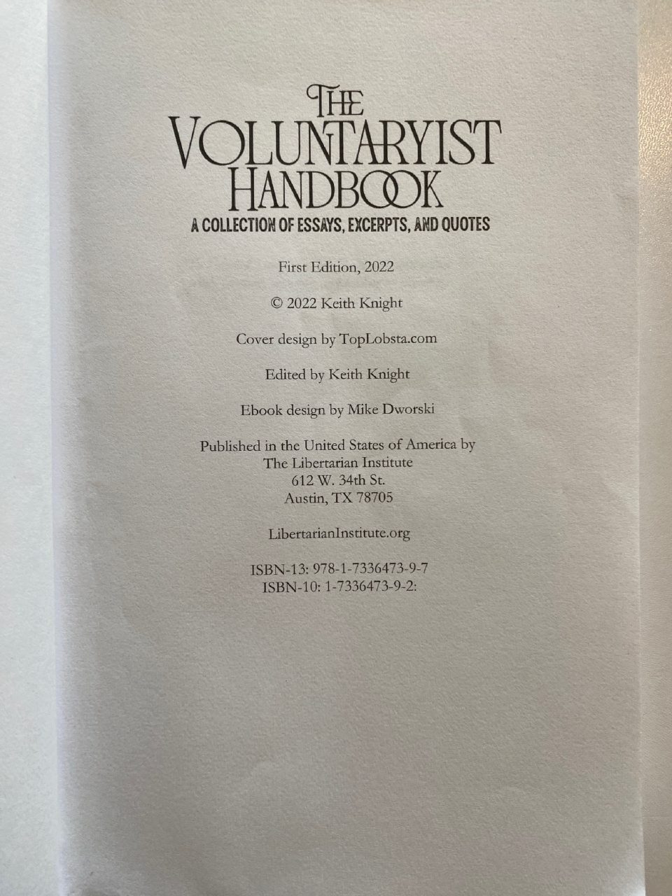 Physical detail of Drew's copy of The Voluntaryist Handbook