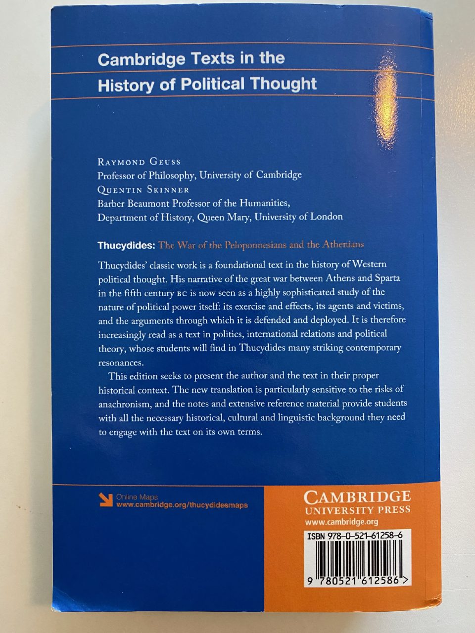 Back cover of Drew's copy of The War of the Peloponnesians and the Athenians