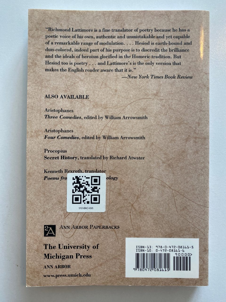 Back cover of Drew's copy of The Works and Days; Theogony; The Shield of Herakles