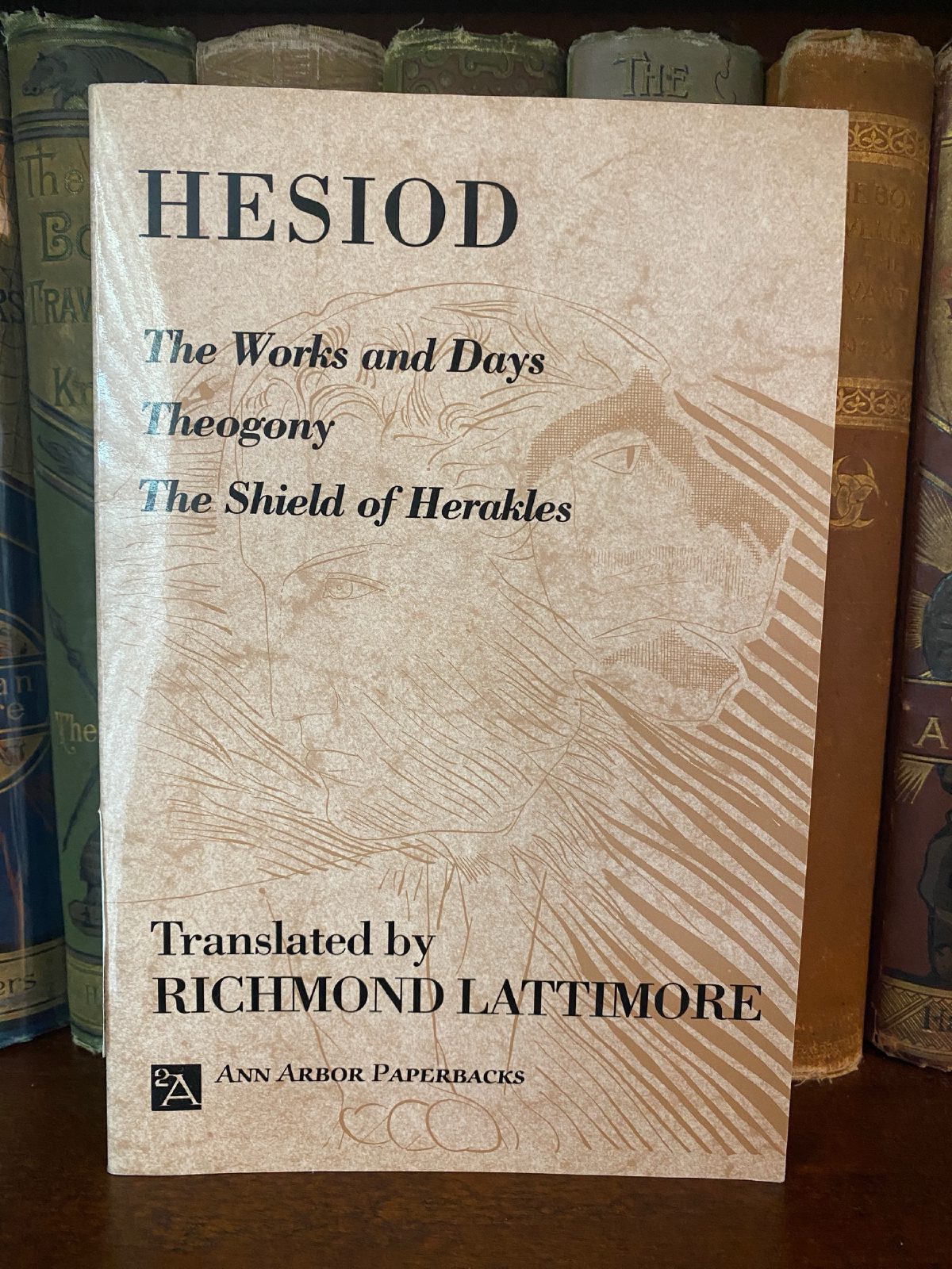 Cover of Drew's copy of The Works and Days; Theogony; The Shield of Herakles
