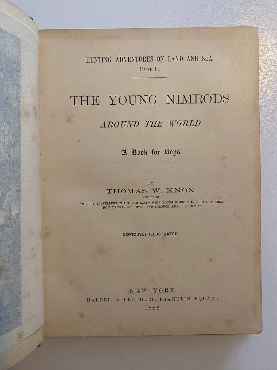 Title page of Drew's copy of The Young Nimrods Around the World