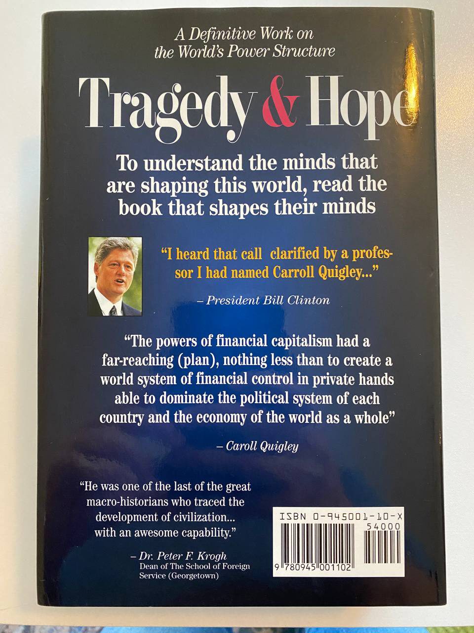 Back cover of Drew's copy of Tragedy and Hope