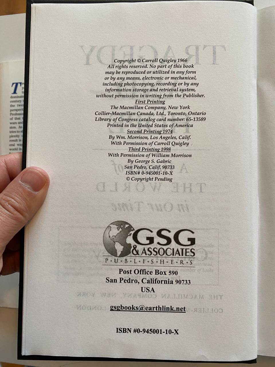 Physical detail of Drew's copy of Tragedy and Hope