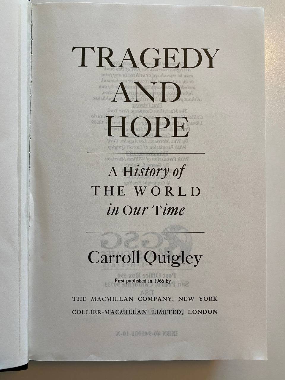 Physical detail of Drew's copy of Tragedy and Hope