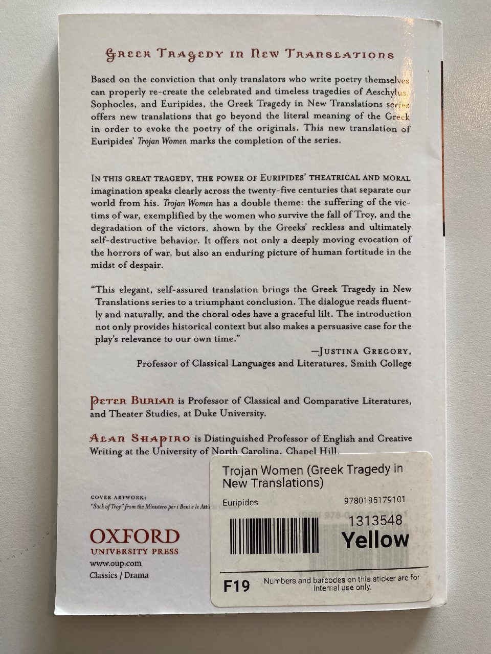 Back cover of Drew's copy of Trojan Women