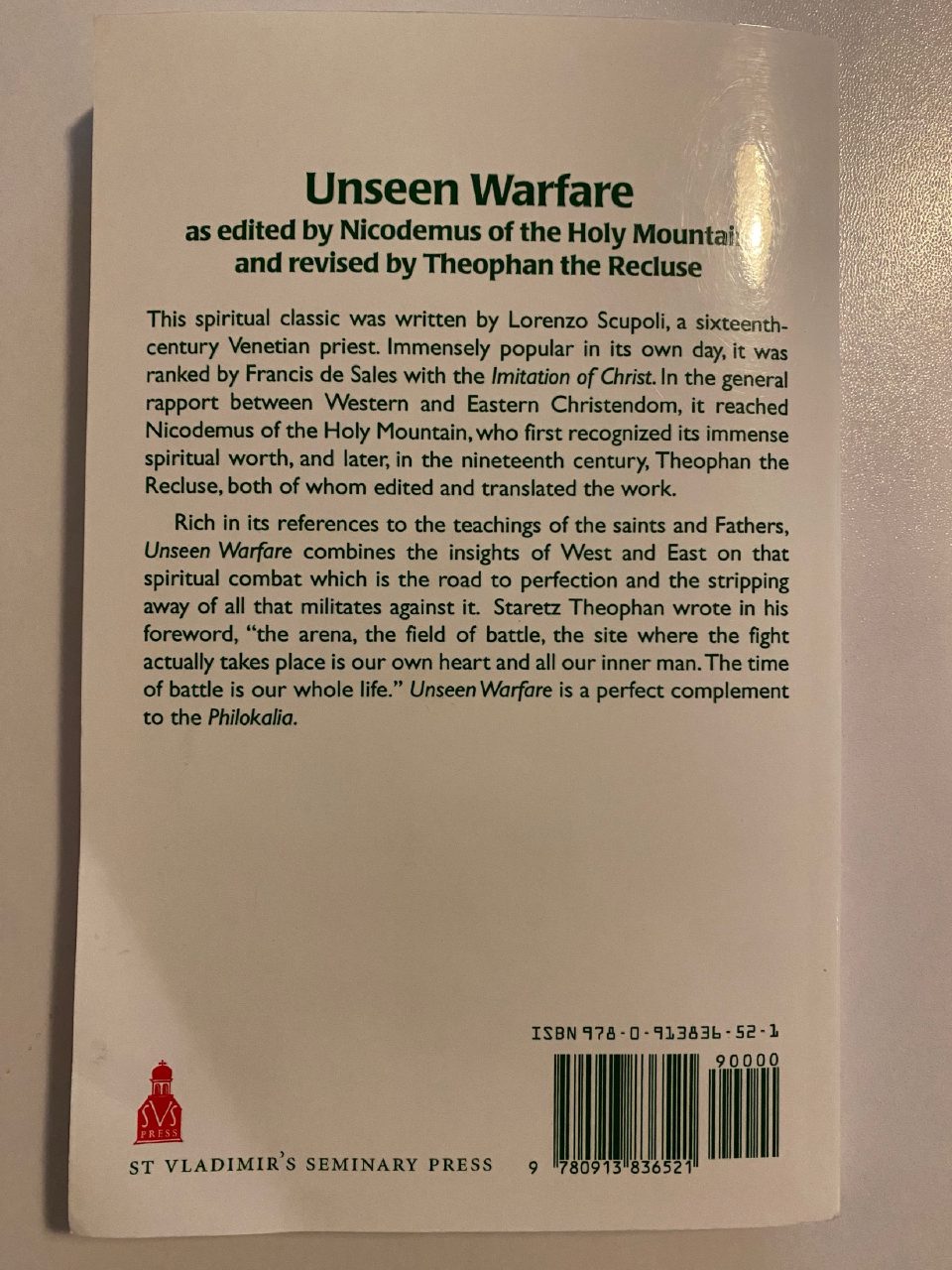 Back cover of Drew's copy of Unseen Warfare