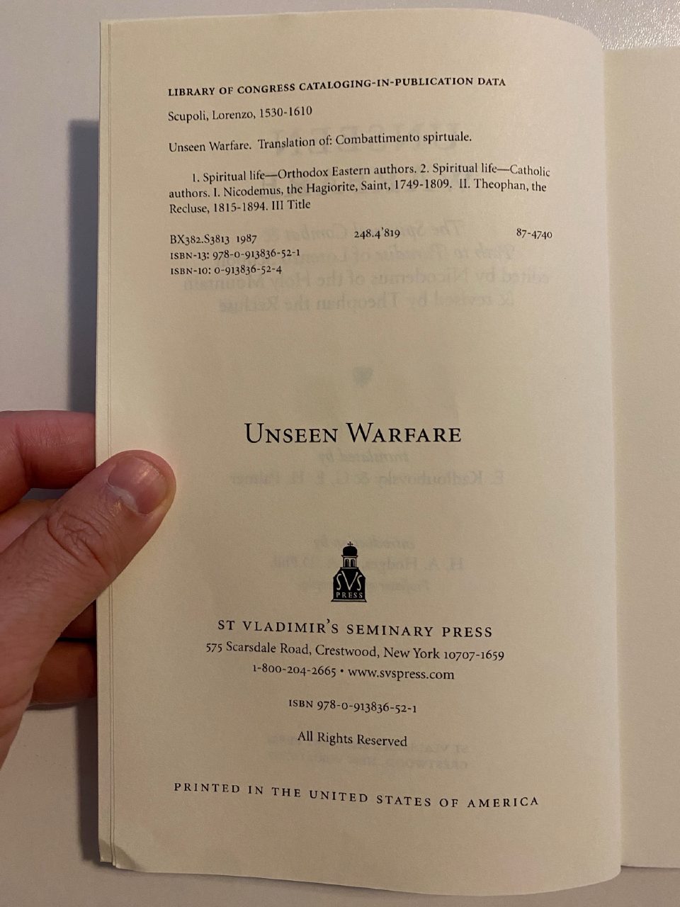 Physical detail of Drew's copy of Unseen Warfare