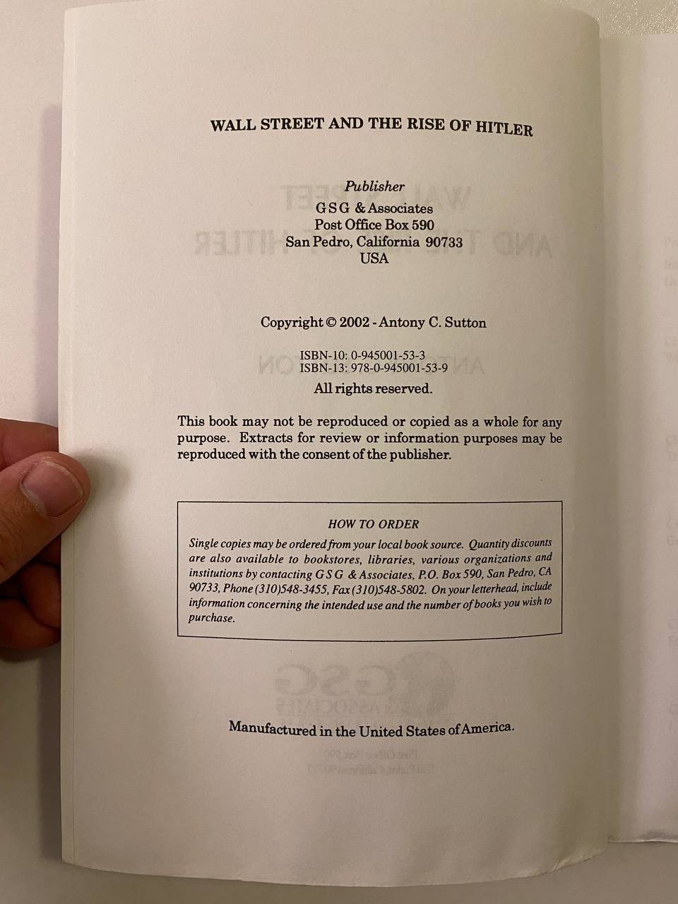 Copyright page of Drew's copy of Wall Street and the Rise of Hitler
