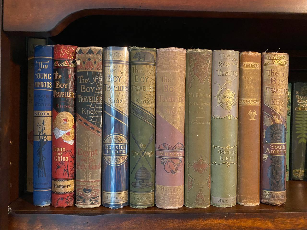 The decorated spines of Drew's Thomas W. Knox books together on a shelf
