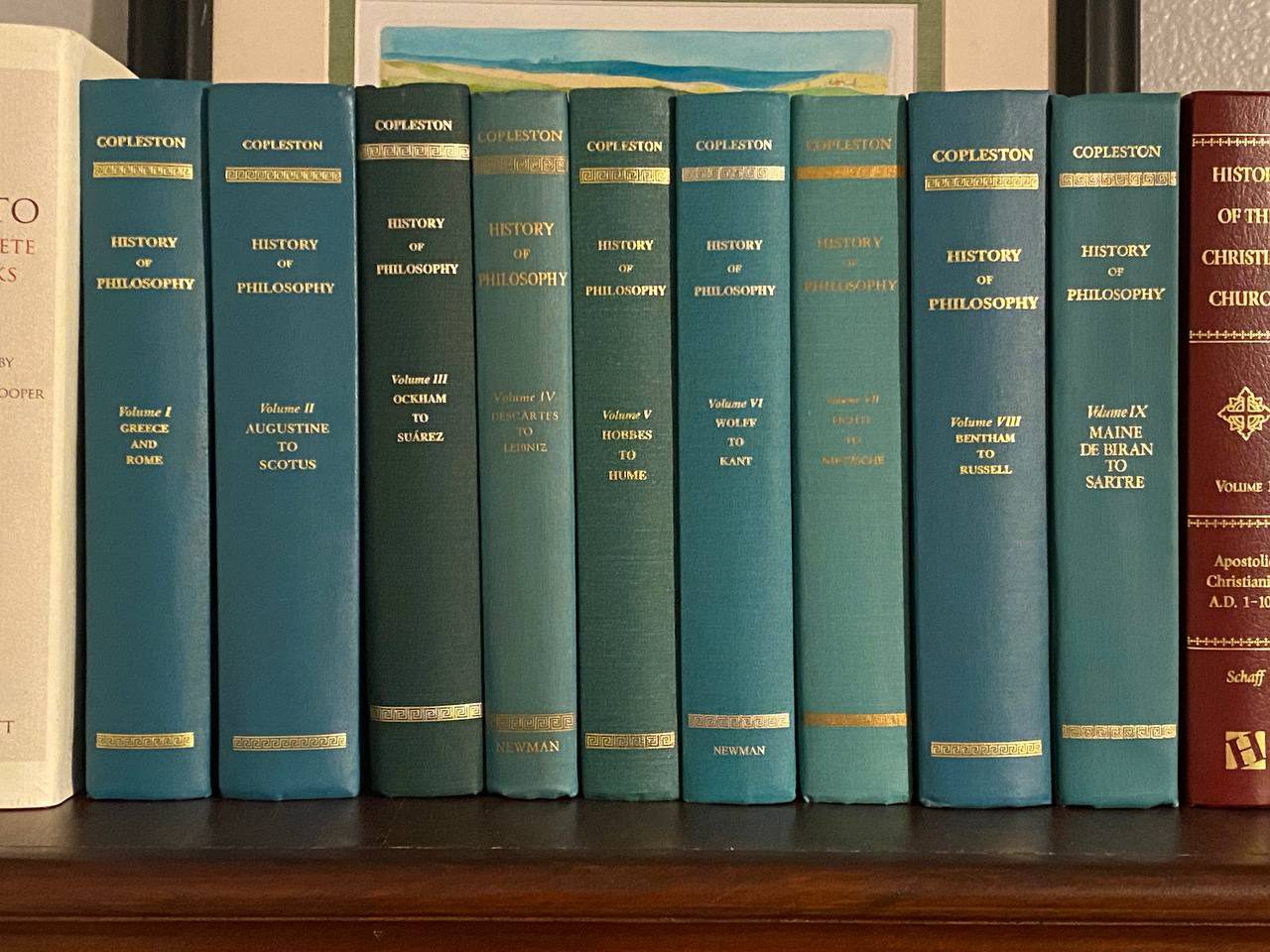 All nine green volumes of Frederick Copleston's A History of Philosophy together on Drew's shelf