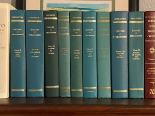 All nine green volumes of Frederick Copleston's A History of Philosophy together on Drew's shelf