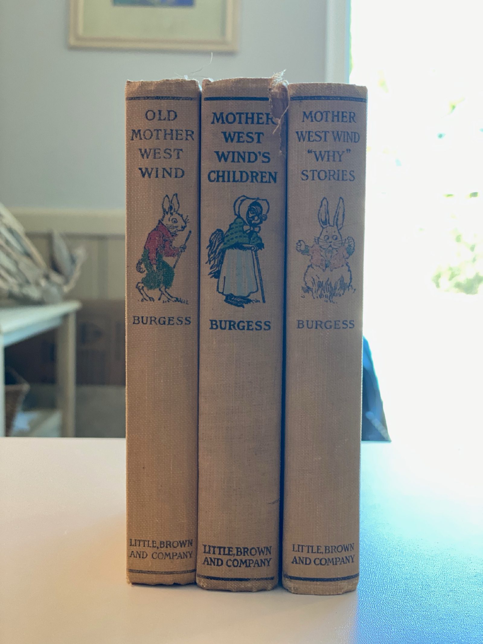 The spines of Old Mother West Wind, Mother West Wind’s Children, and Mother West Wind Why Stories
